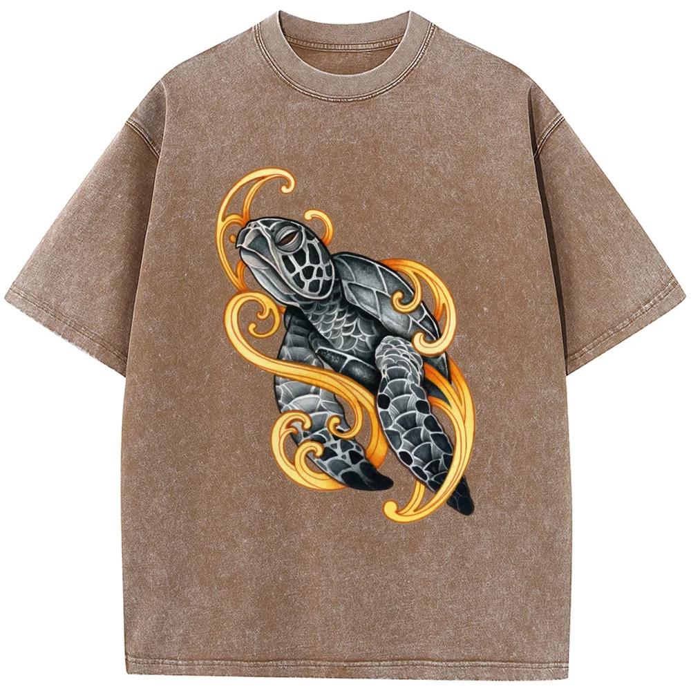 Turtle Printed Men/Women Washed T-Shirt Cotton Funny Loose Bleached Tshirt Retro Hip Hop Bleach T Shirt Tops