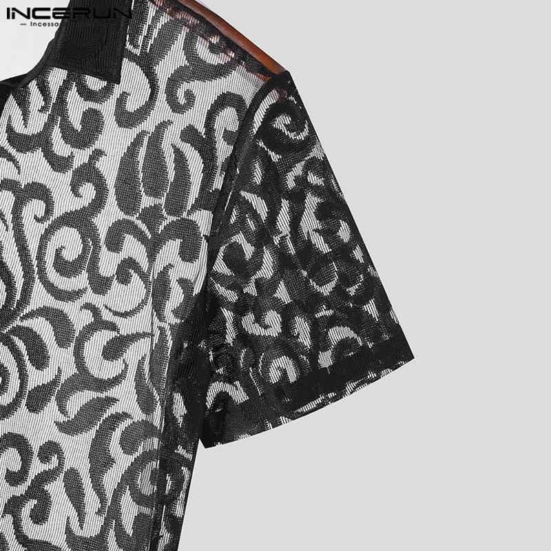 INCERUN Herren Sommer Spitze Häkeln Blumen Shirts Mesh Strand Urlaub T-Shirts