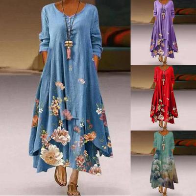 Lockeres Kleid Rundhalsausschnitt Knöchellang Unregelmäßiger Saum Floral A-Linien-Kleid mit Tasche