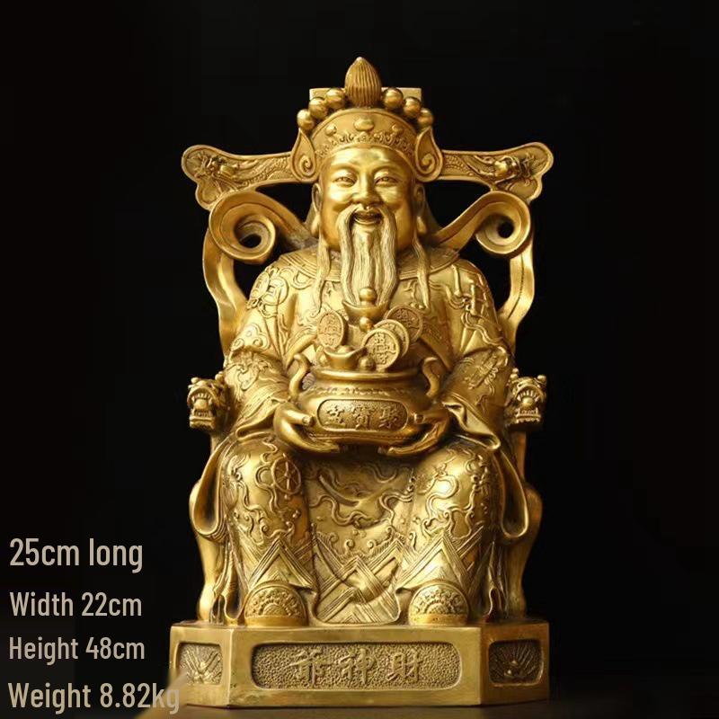 Large Yellow Brass God of Wealth Statue on Dragon Chair, Wen Cai Shen Design, Ideal for Shop Opening or Home Worship.