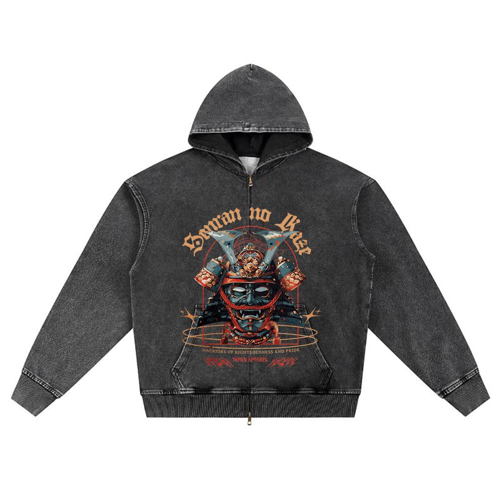 DTG print Knitted Denim Zip-Up Hoodie Japan Samurai Brother Print Zipper Hoodies  