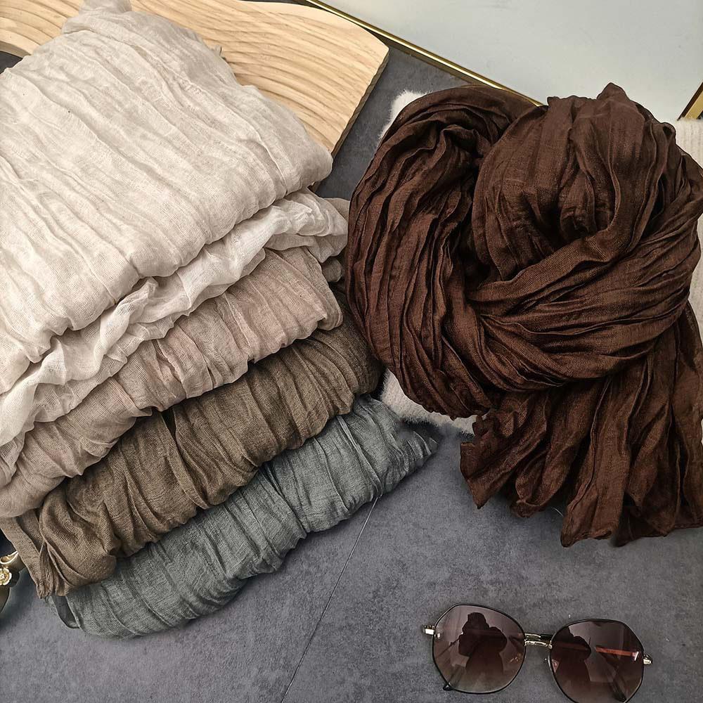 Winter Women Cotton Scarf Solid Color Pleated Long Scarf Vintage Unisex Scarf Warm Neck Warmer Retro Inspired Scarves 180x90cm