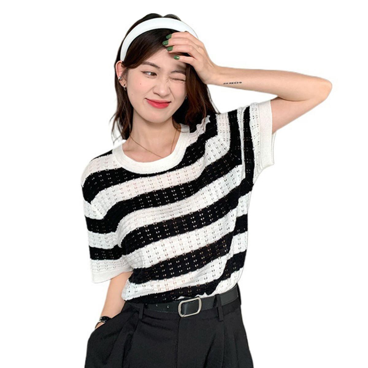 

Yousheng Женская футболка с круглым вырезом и коротким рукавом, стандартный крой, шелковая полосатая футболка с принтом, летние повседневные топы