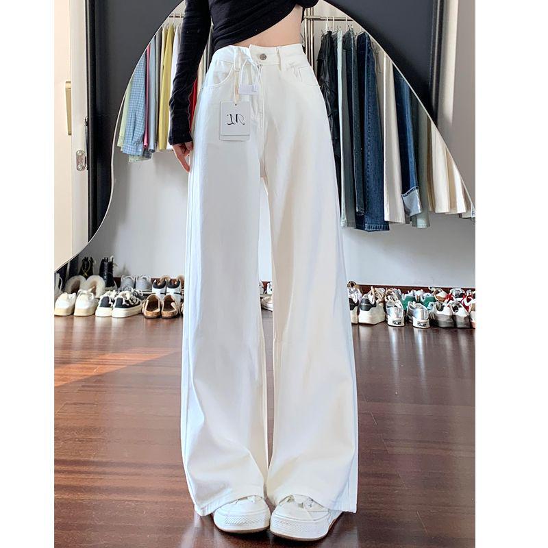 Jeans d'été blancs taille haute pour femmes - Grande taille, Coupe ample large, Longueur jusqu'au sol, Coupe droite amincissante