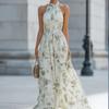 Maxi Abito da Donna con Scollo all'Americana, Stampa Floreale e Pieghe in Chiffon, per Matrimonio in Spiaggia e Festa