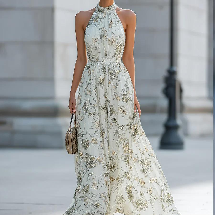 Maxi Abito da Donna con Scollo all'Americana, Stampa Floreale e Pieghe in Chiffon, per Matrimonio in Spiaggia e Festa