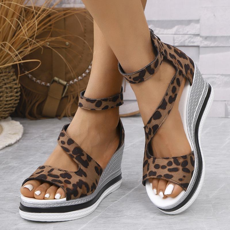 Women's Comfortable High Heel Summer Sandals - Leopard Print, Open Toe, Side Cut-Out Design with Ankle Strap & Zipper Closure, Brown & White Strappy