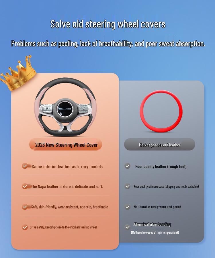 BYD Seagull/Dolphin Steering Wheel Cover: Ultra-Thin Genuine Leather, No-Sew Design for Car Interior, Women's Style.