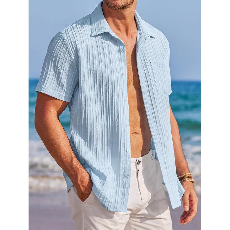 Summer New Men's Textured Solid Color Shirt Man Short Sleeved Casual Loose Shirt