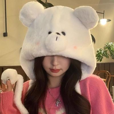 Cute Bear Pattern Women Ear Protection Cap with Ties Windproof Warm Thick Pullover Hat Coldproof Thickened Lei Feng Hat
