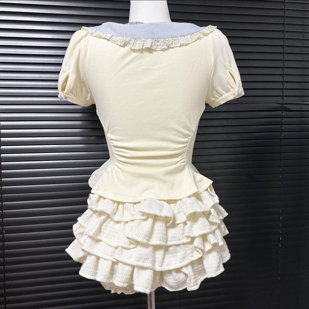 Girls Summer Korean Short Sleeve Dress Set with Peter Pan Collar and Tiered Skirt
