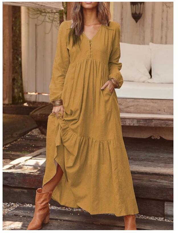 Women's V Neck Long Sleeve Maxi Dress Loose Fit Mid Waist Casual Flowy Shirt Dress Linen Cotton Fall Pleated Long Gown