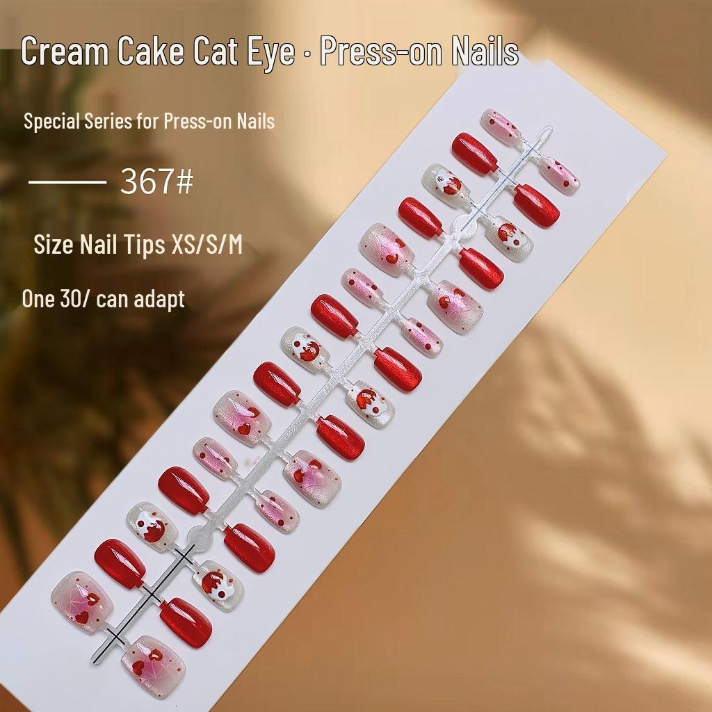 

3D Strawberry Cat Eye Nail Art: Cute Wearable False Nails with Glue