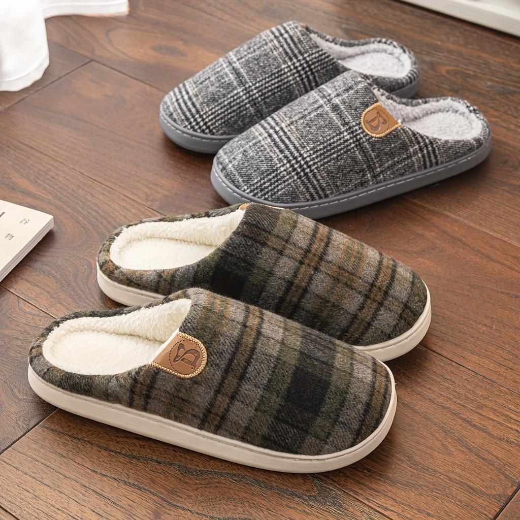 Fleece Vintage Plaid Warm Soft Mens Womens Slippers Minimalist Solid Color With Alphabet Pattern Round Toe Slipon Shoes For Fall Springwinter