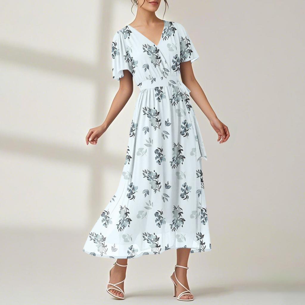 Women's Summer Floral Bohemian Dress Wrap V Neck Short Sleeves Ruffle A-Line Flowy Maxi Dress Summer Dresses For Women