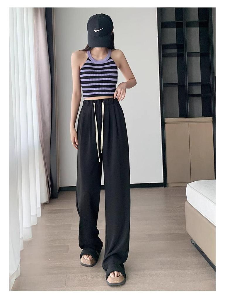 Petite Women's High-Waisted Drapey Drawstring Wide-Leg Summer Pants – 145