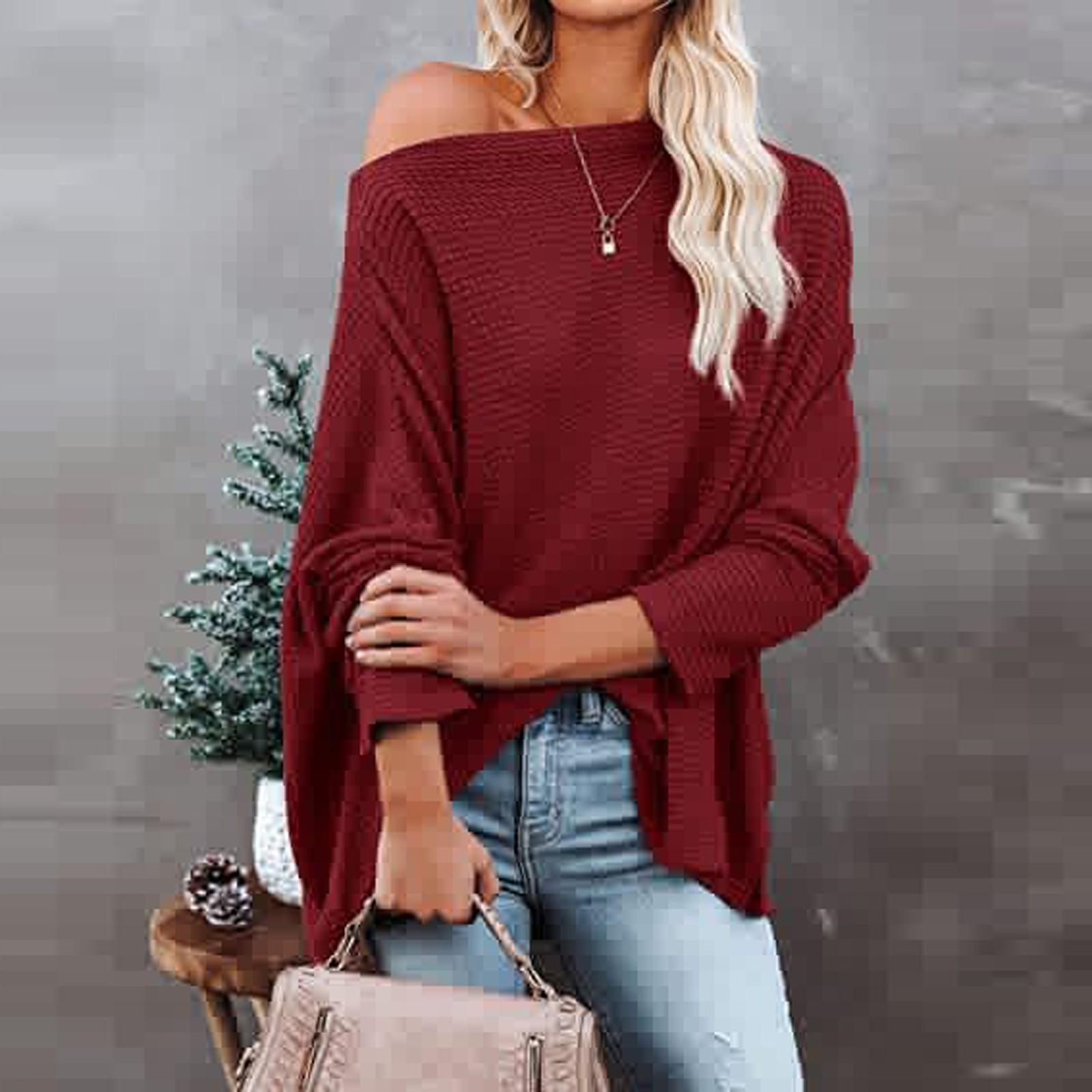 

Женская мода повседневный трикотажный топ с косым плечом и длинными рукавами, однотонный топ XXL винный