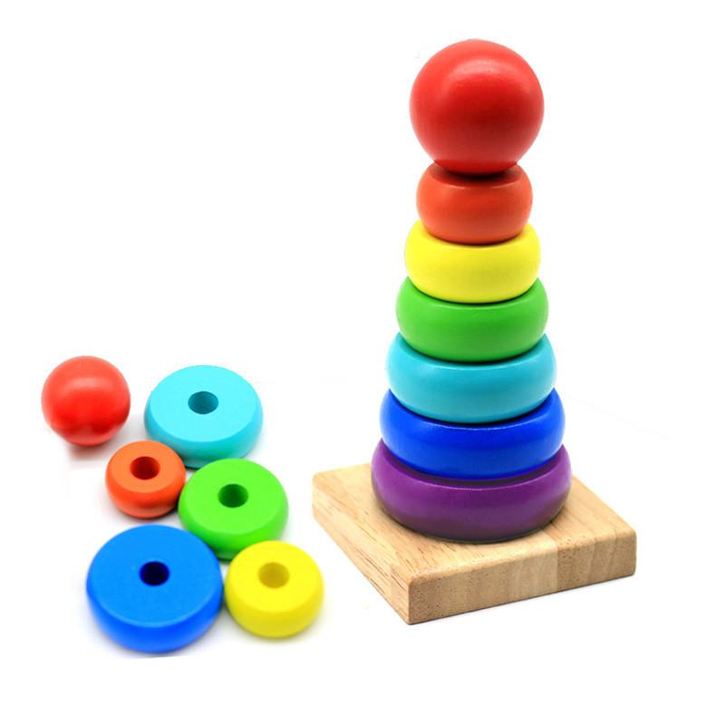 

Rainbow Wooden Tower Stacking Toy Kids Colors Number Recognition Puzzle Game Rainbow