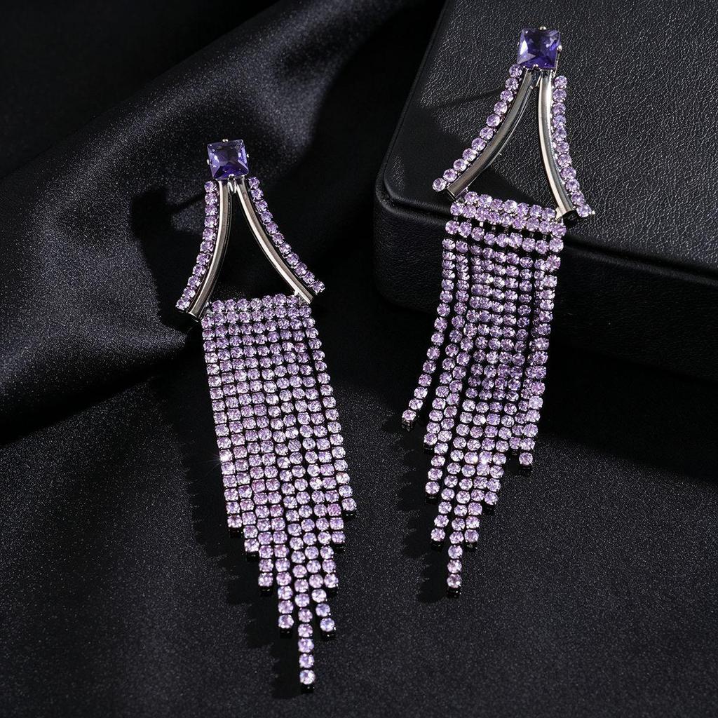 Silver Needle Luxury Diamond-Inlaid Triangle Tassel Earrings - Exquisite High-End Ear Studs for Women