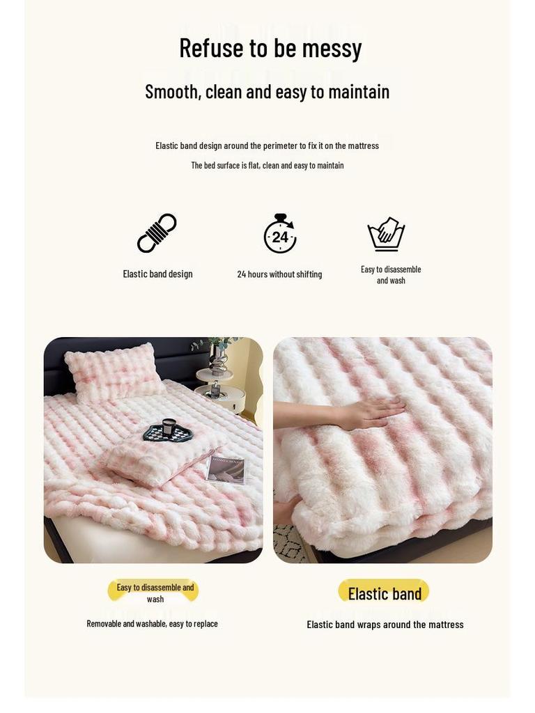 Plush Fleece-Lined Rabbit Fur Fitted Sheet Set - Double Bed, Winter Warmth, 3-Piece Mattress Protector