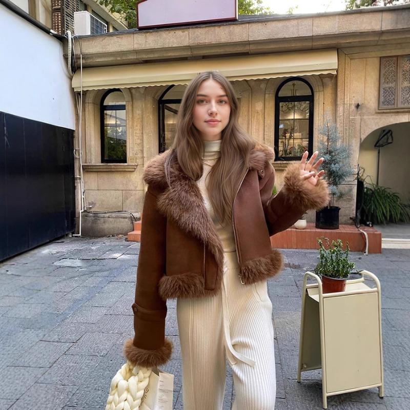 

Women s Brown Suede Faux Fur Trim Jacket Short Warm Winter Outerwear S кавовий