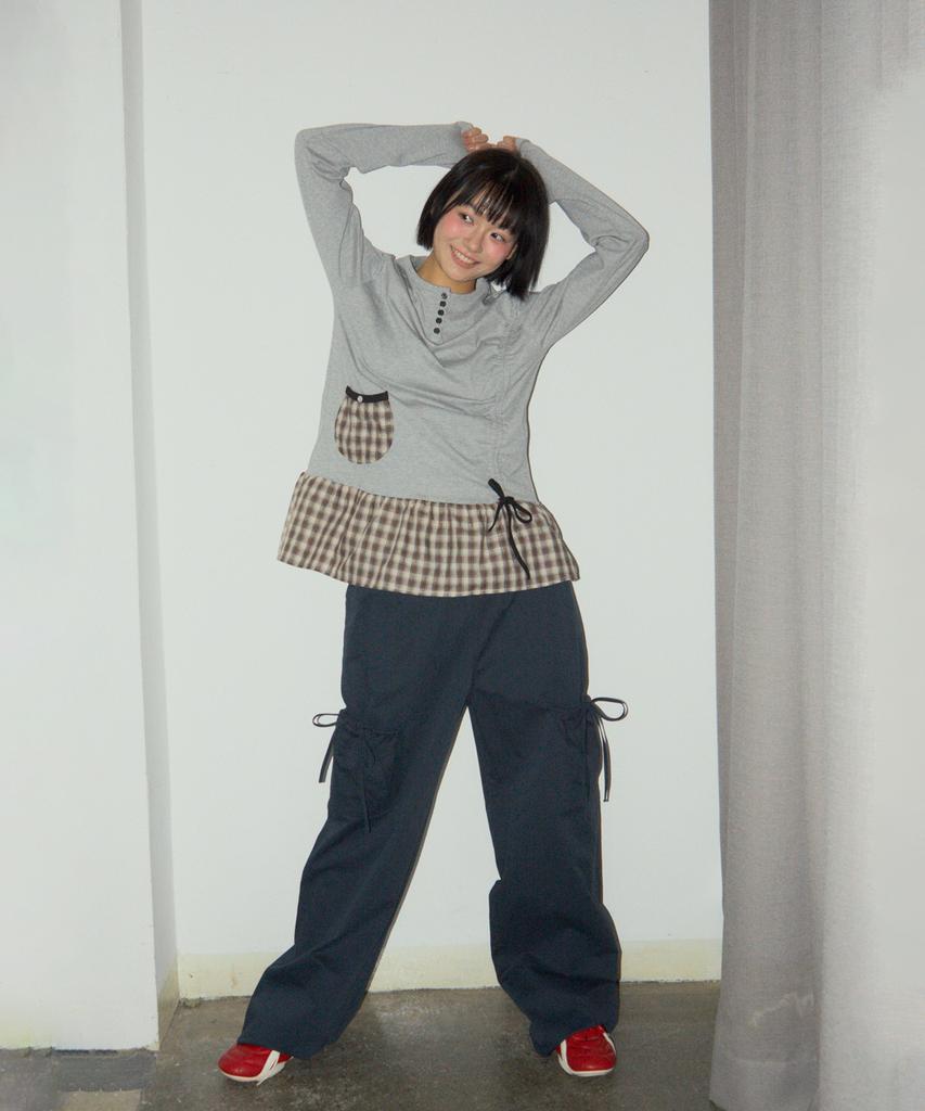 SOME PLACE Side Shirred Check Contrast Frill Button Layered Long Sleeve T-Shirt [Melange]