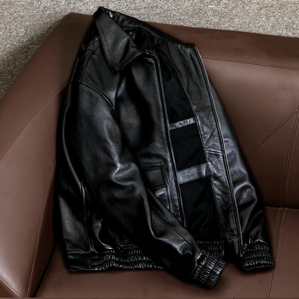 Genuine Top Grain Soft Cowhide Leather Jacket Mens Middle Age Bomber Short Coat Autumn Fashion