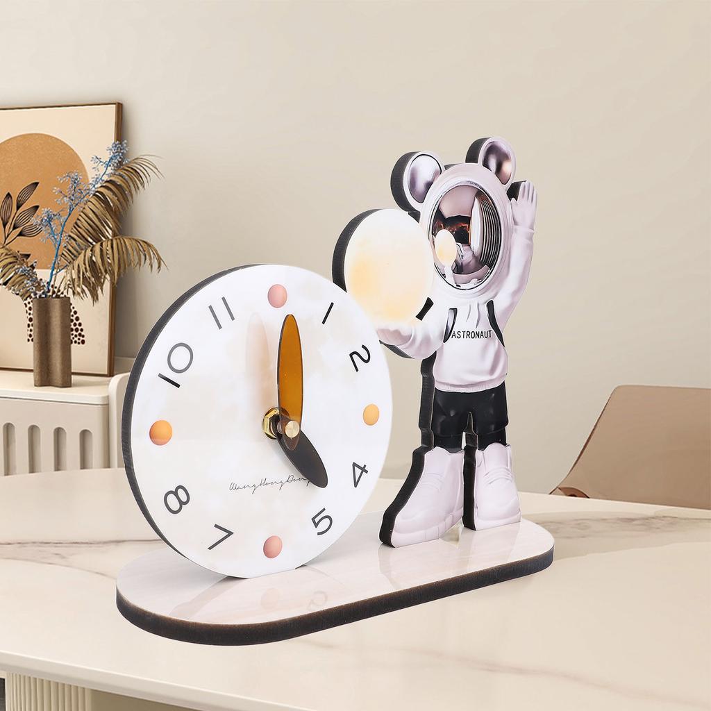 Space Man Desk Clock Decorative Cartoon Desktop Ornament Quiet Clock for Bedroom Study Office