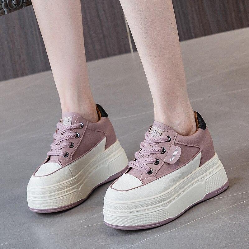 Fujin 9cm pravá kůže Ženy Skryté podpatky Ženy Ležérní Prodyšné robustní tenisky Platforma Vulkanizovaná módní letní obuv