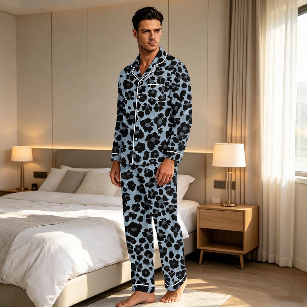 Men's Leopard Print Pajama Set Button Down Shirt and Straight Leg Pants Two Piece Sleepwear