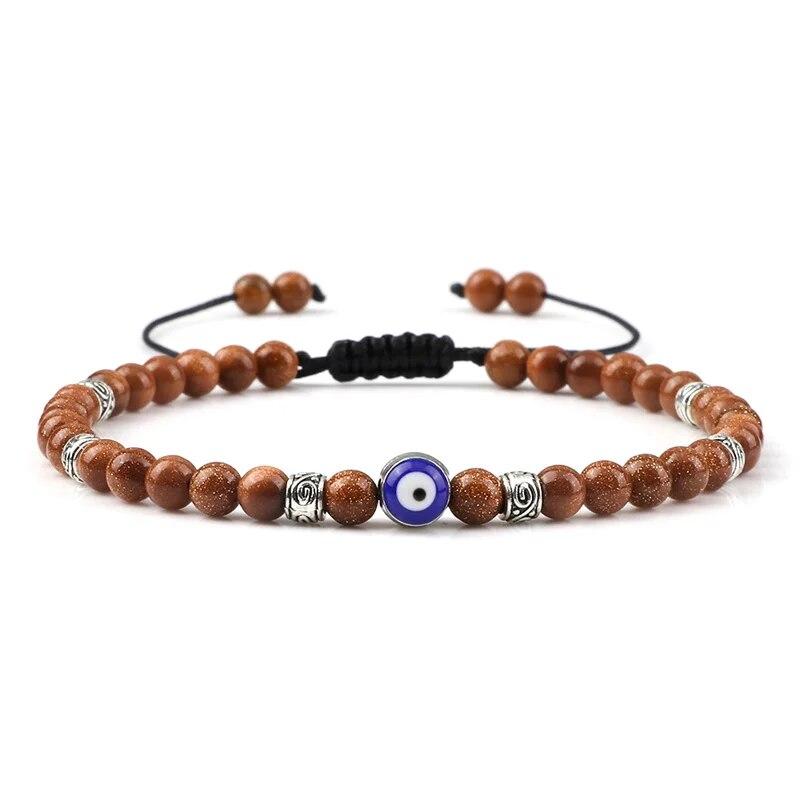 Bracciale Occhio Maligno 4mm Perline di Pietra Lavica Nera Opaca Naturale Bracciale Intrecciato Fatto a Mano per Uomo Donna Yoga Reiki Gioiello Regolabile
