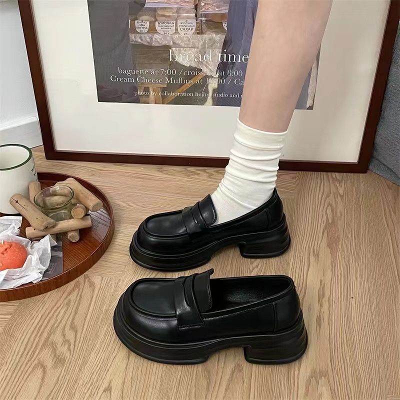 Korean version of round head platform single shoes women's black college style small leather shoes versatile British loafers 2025jk shoes