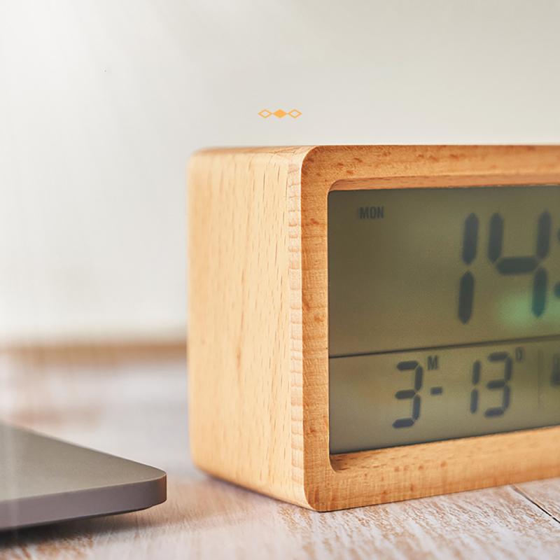 Wooden Digital Alarm Clock Time Date Temperature Humidity Measurement Large Screen Alarm Clock For