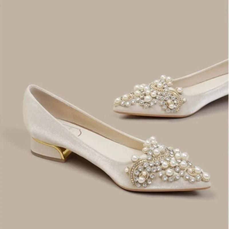 Block Heel Single Shoes Women's 2025 New Satin Pointed Toe Shallow Mouth Slip-on Non-Slip Low-Top Shoes