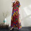 Summer Thin Cotton Linen Print V-neck Loose Oversized Simple Casual Vacation Style Medium Long Dress for Women Dresses