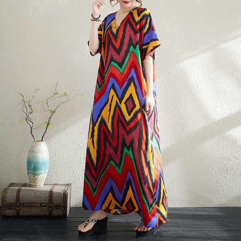 Summer Thin Cotton Linen Print V-neck Loose Oversized Simple Casual Vacation Style Medium Long Dress for Women Dresses