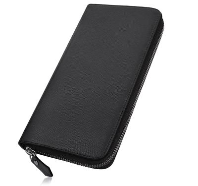Long Large Genuine Round Separate Coin Made by Top Wallet Stylish Cowhide Leather Black Men's Wallet, Capacity, Leather, Zipper,