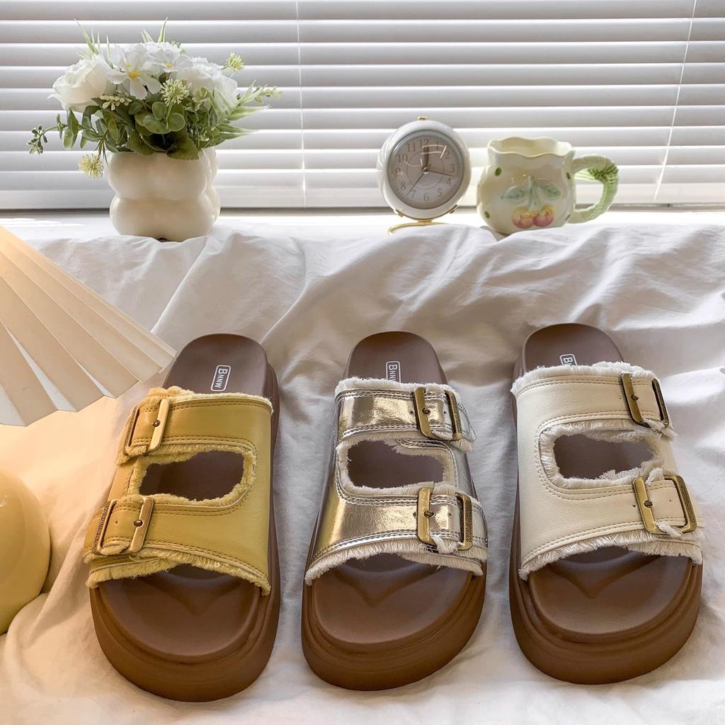 Dicksohlige Birken-Slipper für Damen-Sommerbekleidung 2025 Retro-Feenwind mit Fransen hässlich und niedlich flachsohlige Damen-Birken-Sandalen Tide
