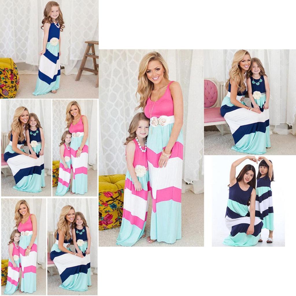 Elegante Casual Boho Streep Maxi Jurk voor Moeder en Dochter voor Bijpassende Outfits