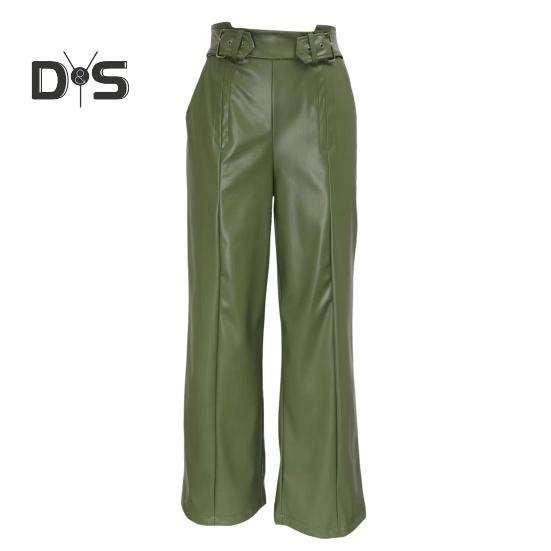 Women Flared Pants Slim High Waist Loose Pockets Faux Leather Elastic Waist Wide Leg Streetwear Solid Color Trousers for Work Leisure Daily Wear