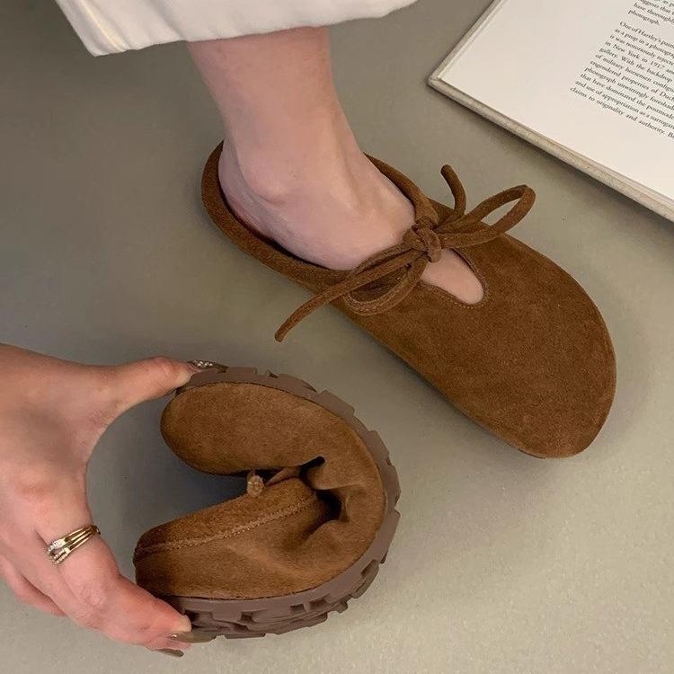 Retro Mori Bag Head Half Slippers Women's Outer Wear 2025 Autumn New College Style Versatile Lace-up Lazy Boken Shoes