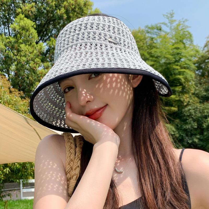 Straw knitted empty top hat Summer sunscreen hat Women's hollow design Straw hat Breathable Portable Foldable