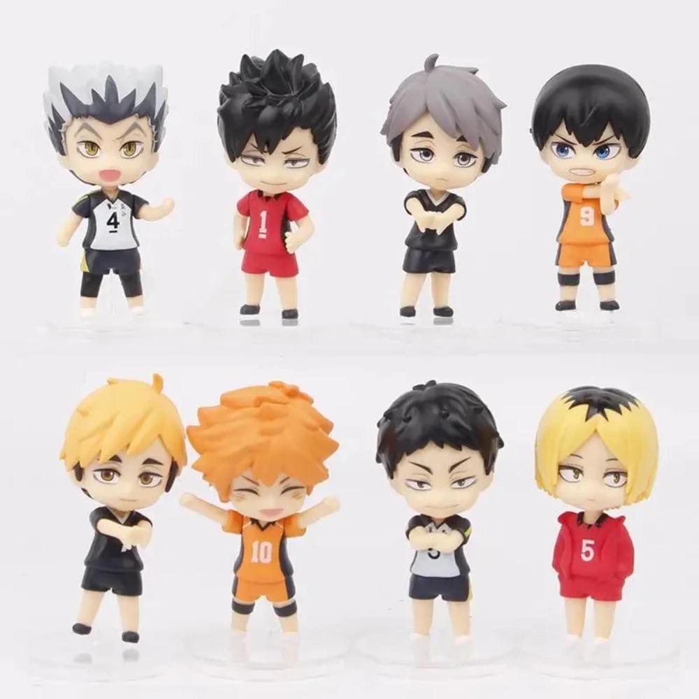 8 Pcs/Lot Haikyuu Q Ver. Volleyball Hinata Shoyo Sugawara Koushi Oikawa Tooru Model Figures Sitting Stands Ornaments Toy Gifts