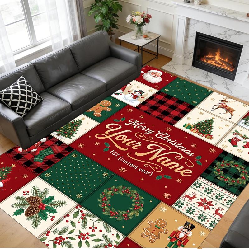 Christmas Custom Name Printed Square Area Rug Soft Non Slip Floor Carpet For Bedroom Holiday Gift