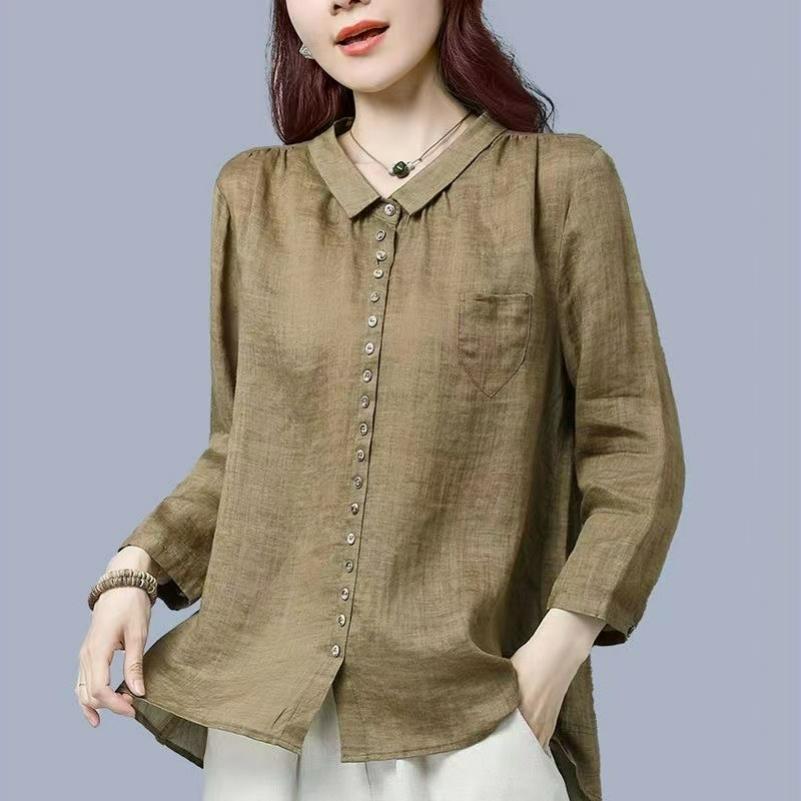 Cotton and Linen Shirt Women's Spring and Autumn Loose and Thin Western Style Women's Loose All-match Blouse Shirt