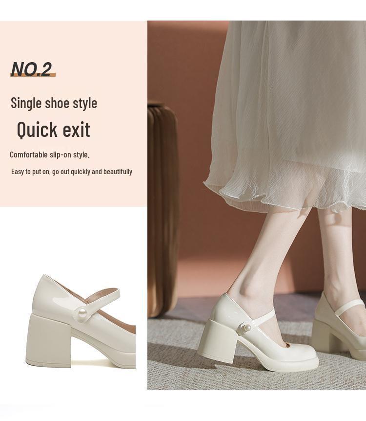 White Chunky Sole Mary Janes - Women's Spring/Autumn 2025 High-Heel Elevating Leather Shoes
