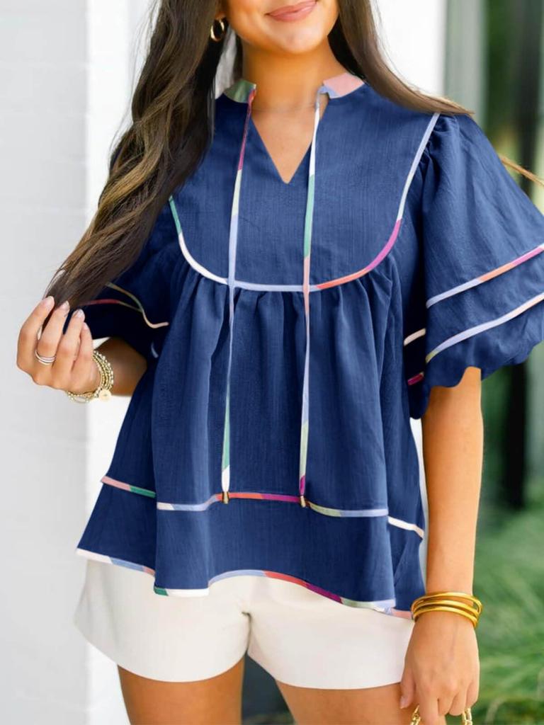 Women's Babydoll V Neck Blouse Short Lantern Sleeve Loose Peplum Flowy Top