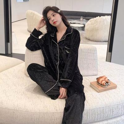Goldfarbener Samt-Pyjama für Damen, neues Herbst- und Winter-Pyjama-Set mit langen Ärmeln und schwarzem, leichtem Homewear-Pyjama