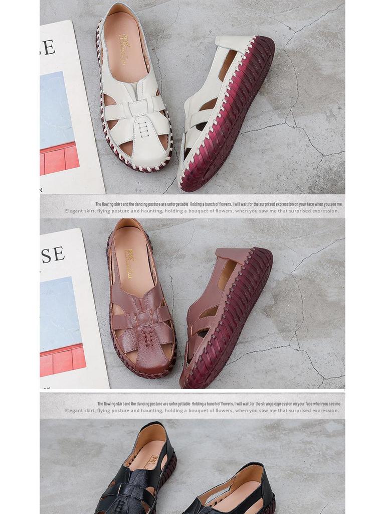 Damensandalen aus echtem Leder mit geschlossener Spitze – bequeme, rutschfeste Ballerinas für Mütter mittleren Alters und ältere Mütter, Sommerstil