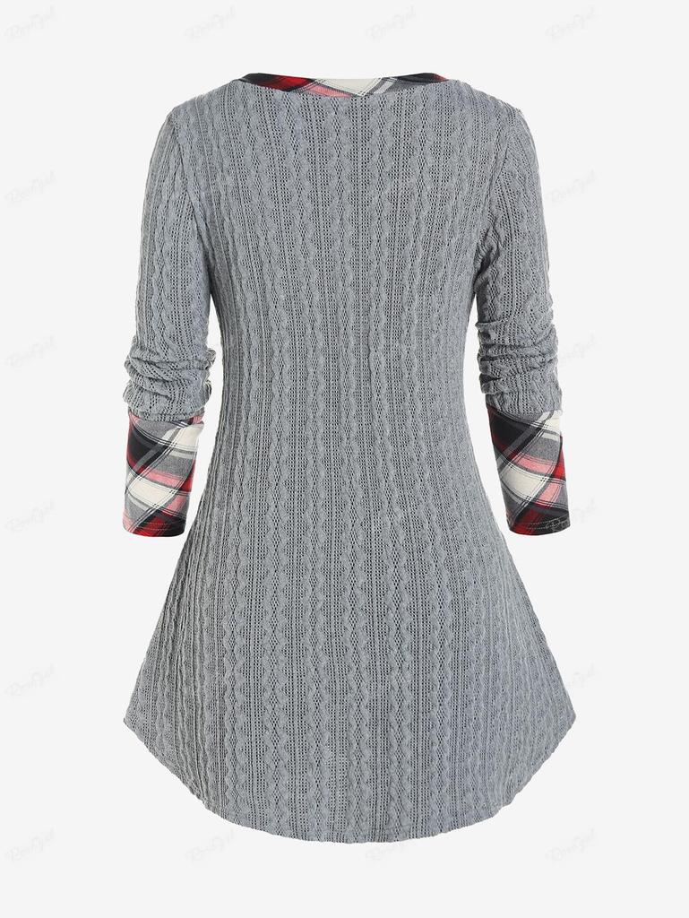 Maglietta a maglia a trecce con motivo scozzese misto Rosegal Plus Size